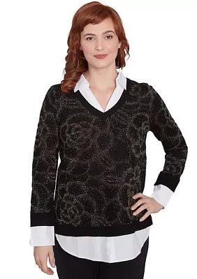 Petite Floral Metallic Jacquard Sweater with Poplin Shirting TwoFer Top