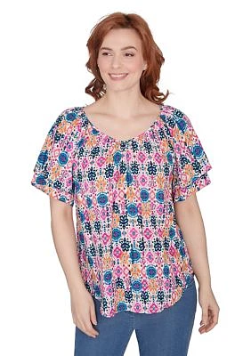 Petite Diamond Ikat Ruffle Sleeve T-Shirt