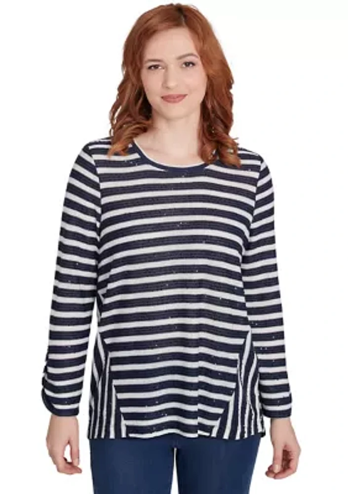 Petite Scoop Neck Sequin Stripe Knit Top with Spliced Inset Detail