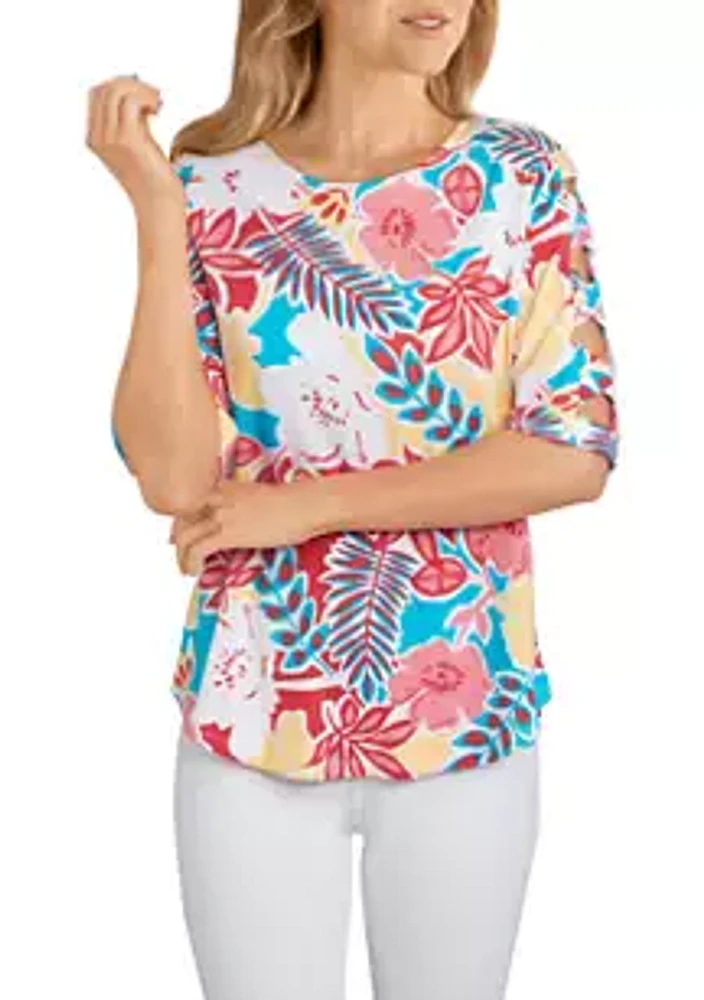 Ruby Rd Women's Floral Printed Cut-Out Top