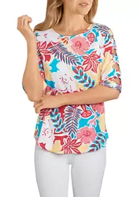Ruby Rd Women's Floral Printed Cut-Out Top
