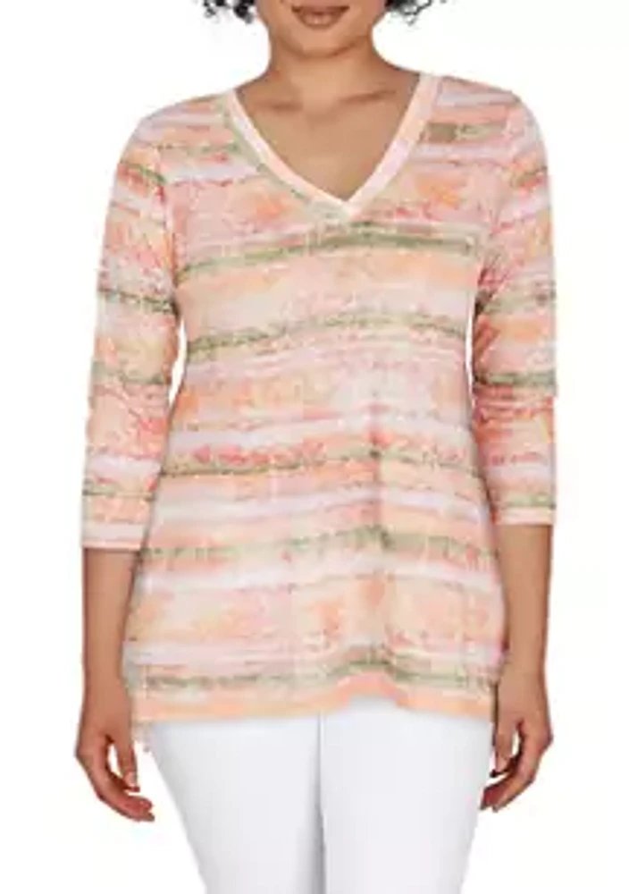 Ruby Rd Petite Must Haves II Embellished Tropical Stripe Burnout Top