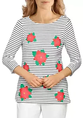 Ruby Rd Women's Striped Poinsettia Top