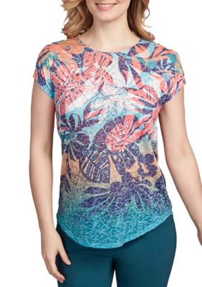 Women's Crew Neck Border Print Burnout Shark Bite Hem Top