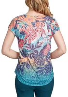 Women's Crew Neck Border Print Burnout Shark Bite Hem Top