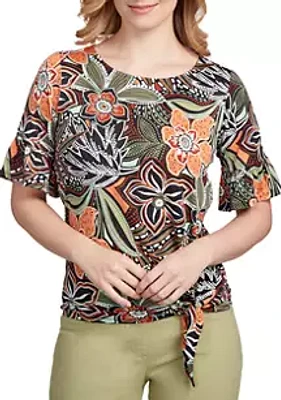 Ruby Rd Women's Tropical Side Tie Puff Print Top