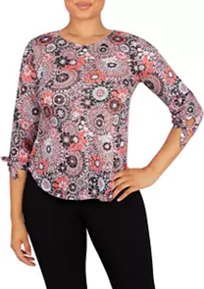 Ruby Rd Women's Knit Medallion Burnout  Tie Sleeve Top