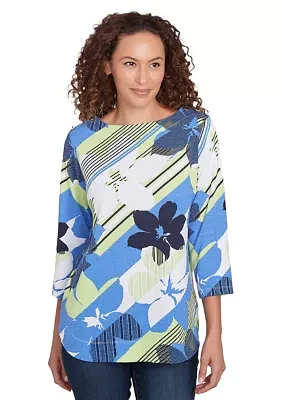 Women's Diagonal Striped Floral Top