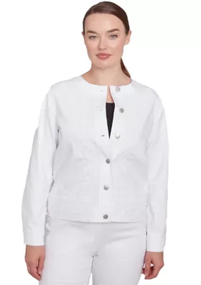 Plus White Stretch Denim Embroidered Jacket