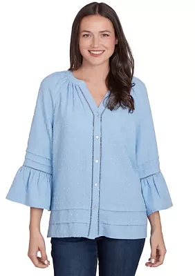 Petite Clip Dot Button Front Flared Sleeve Top