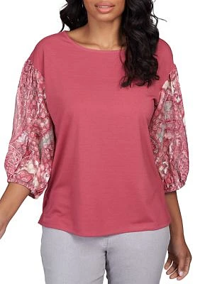 Women's Boat Neck Top with Swirl Paisley Print Sleeves