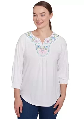 Petite Scoop Neck with Embroidery Detail Solid Knit Top Elastic Smocked Sleeve