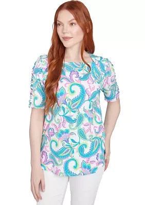 Petite Envelope Neck Multi Paisley Printed Knit Top with Ladder Detail Short Sleeves