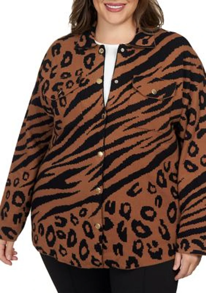 Plus Animal Print "Shacket" Sweater Jacket