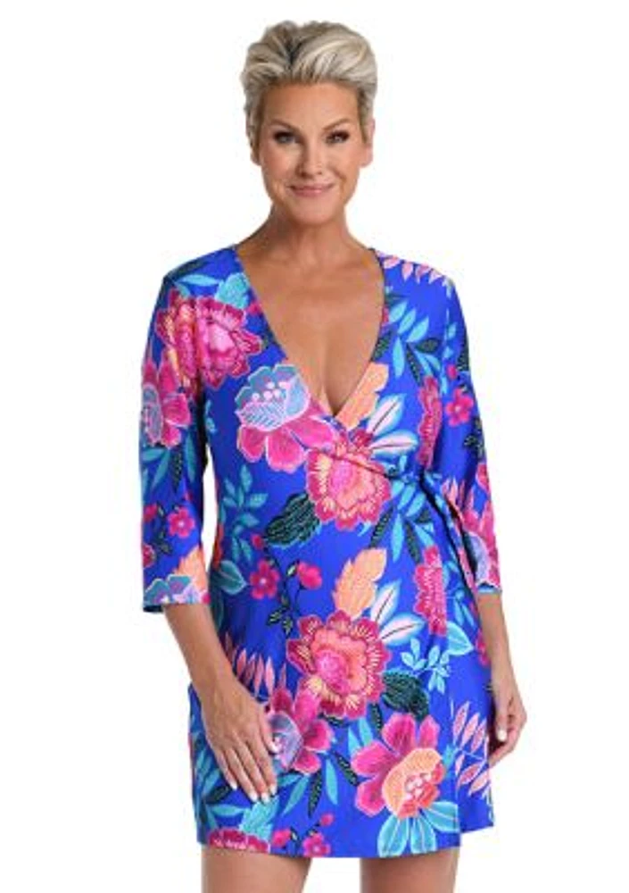 Luminous 3/4 Sleeve Faux Wrap Swim Cover Up Dress