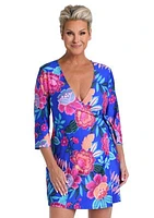 Luminous 3/4 Sleeve Faux Wrap Swim Cover Up Dress