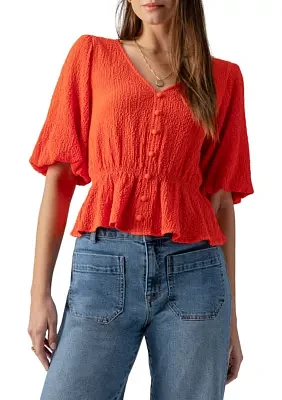 Women's Puff Sleeve Textured Button Front Top