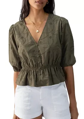 Women's Eyelet Button Front Blouse