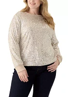 Plus Long Sleeve Sequin Top with Rib Cuff and Neckline