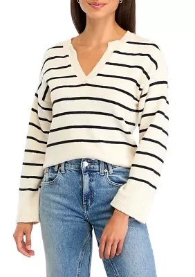 Women's Long Sleeve Stripe Split Neck Chill Vibes Sweater