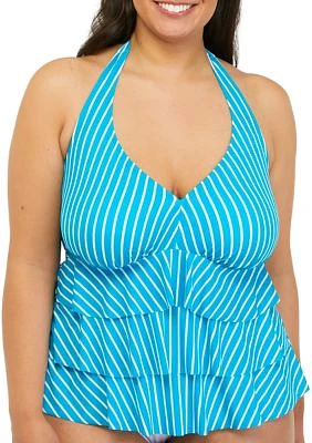 Plus Triple Ruffle Halter Tankini Swim Top