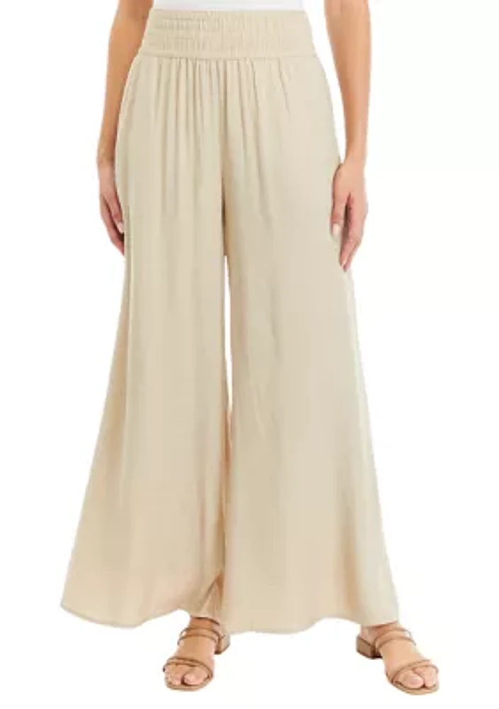 Petite Linen Like Smock Waist Wide Leg Pants