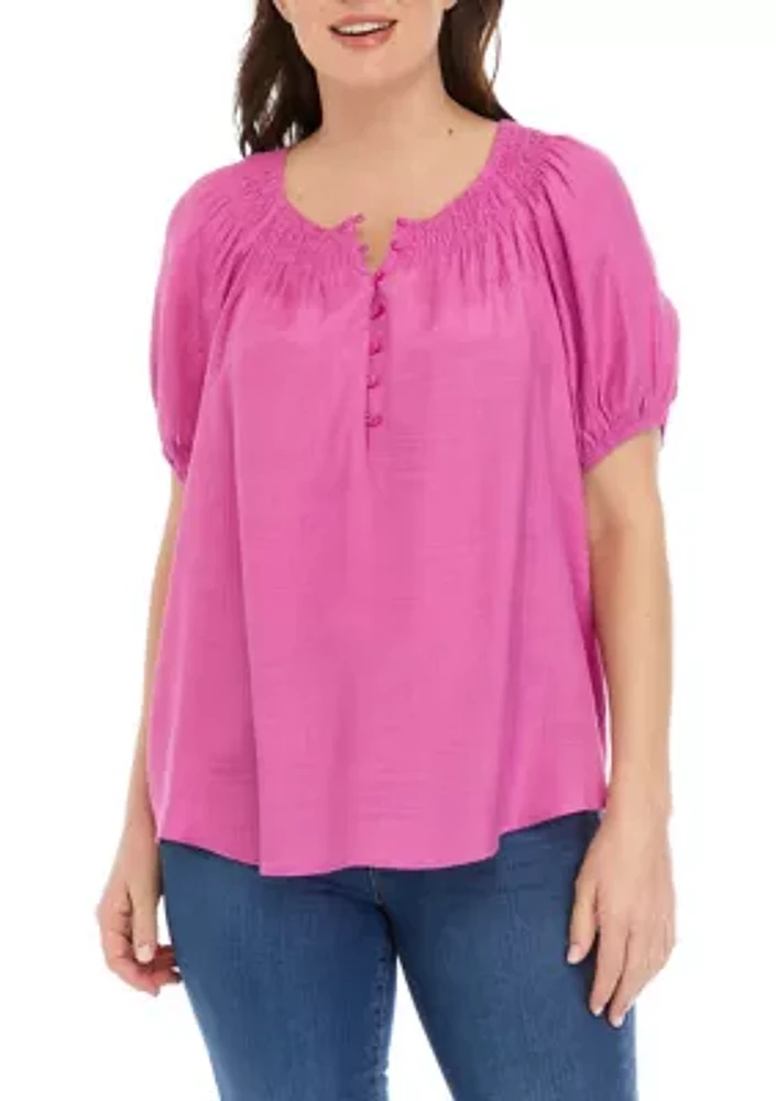 Women's Short Sleeve Smocked Linen Like Henley Top