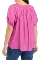 Women's Short Sleeve Smocked Linen Like Henley Top