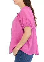 Women's Short Sleeve Smocked Linen Like Henley Top