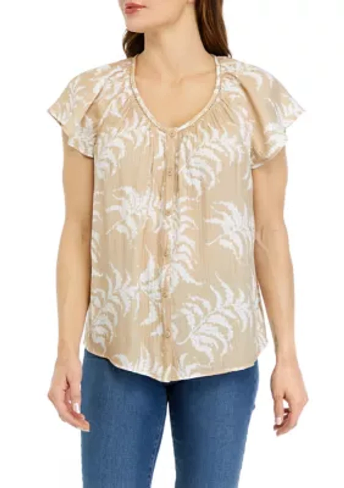 Petite Printed Linen Like Flutter Sleeve Top