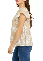 Petite Printed Linen Like Flutter Sleeve Top