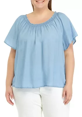 Plus Solid Smocked Neck Top