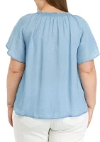 Plus Solid Smocked Neck Top