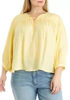 Plus 3/4 Sleeve Linen Like Peasant Blouse