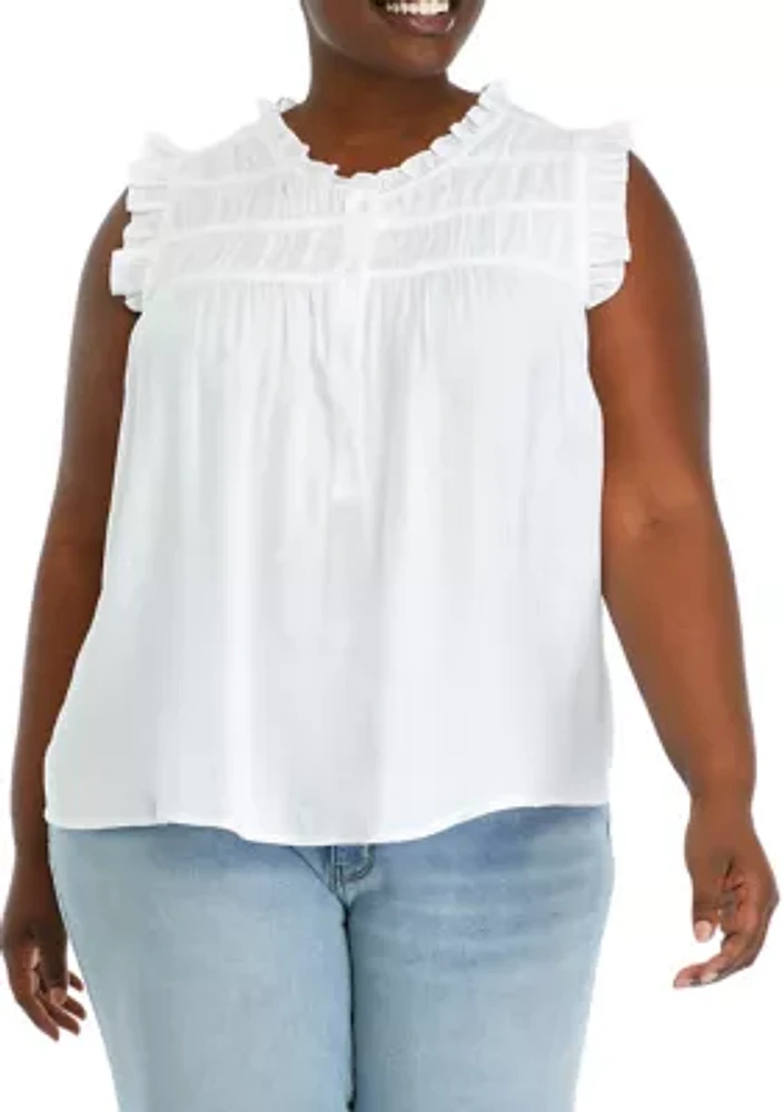 Plus Shirred Shoulder Ruffle Neck Top