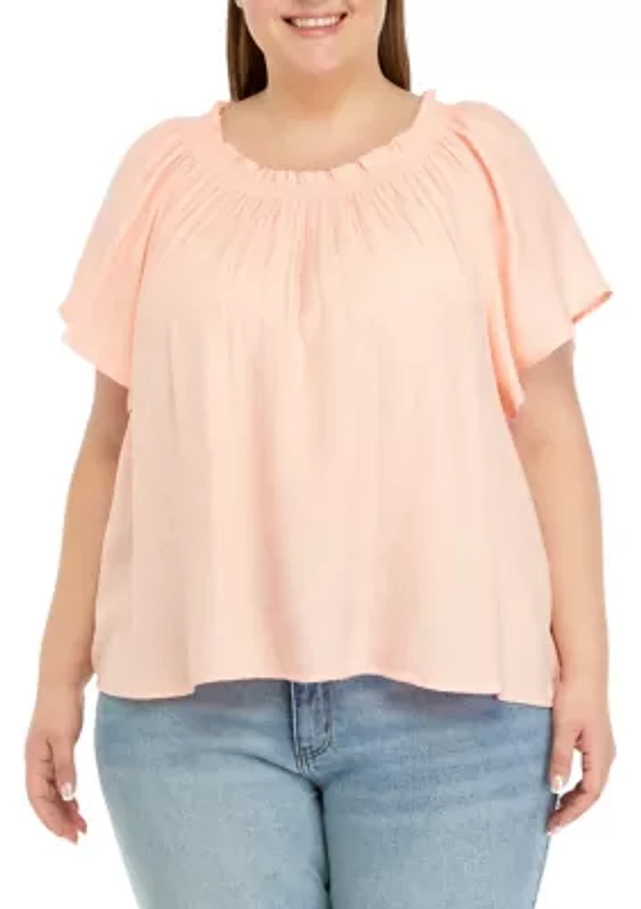 Plus Smocked Ruffle Neck Top