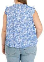 Plus Shirred Shoulder Printed Henley Shirt