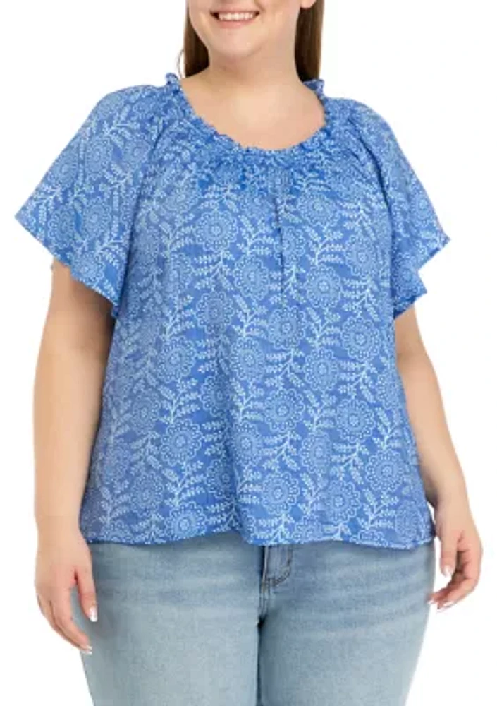 Plus Printed Smocked Neck Top