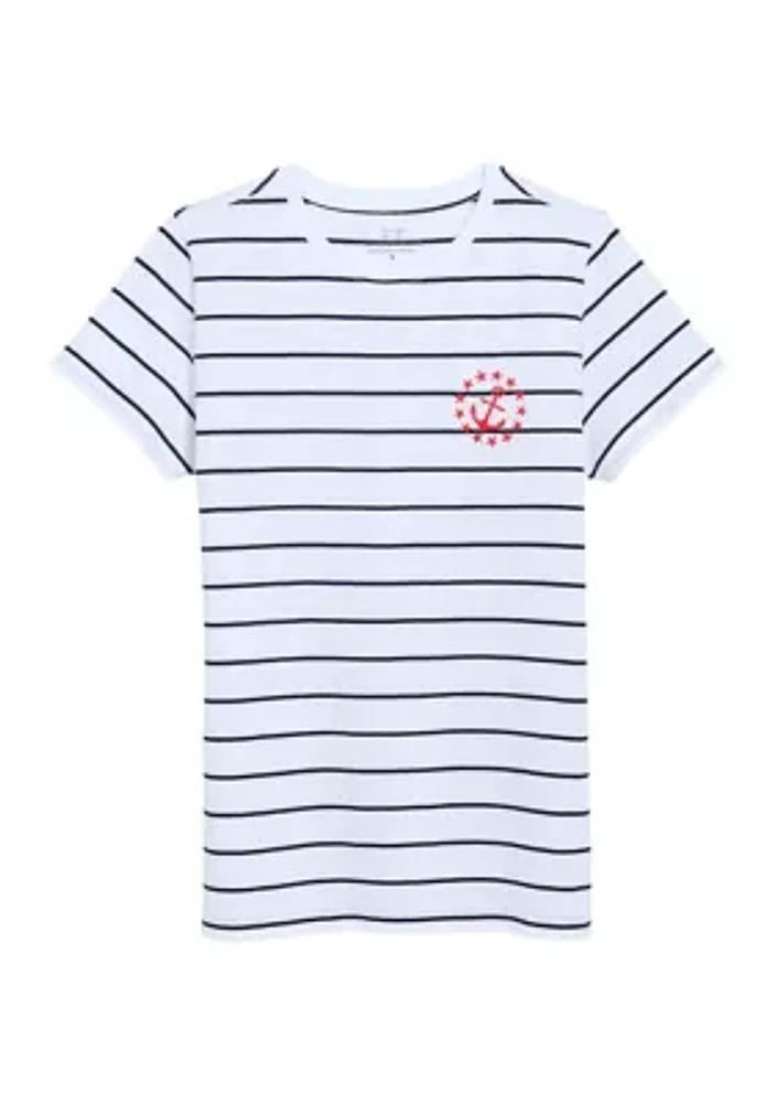 Women's Embroidered Anchor and Stars Striped Short Sleeve T-Shirt