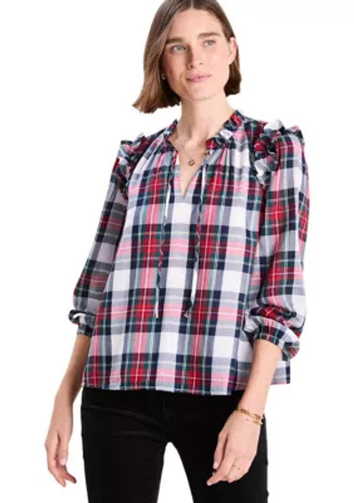 Women's Blouson Sleeve Plaid Top