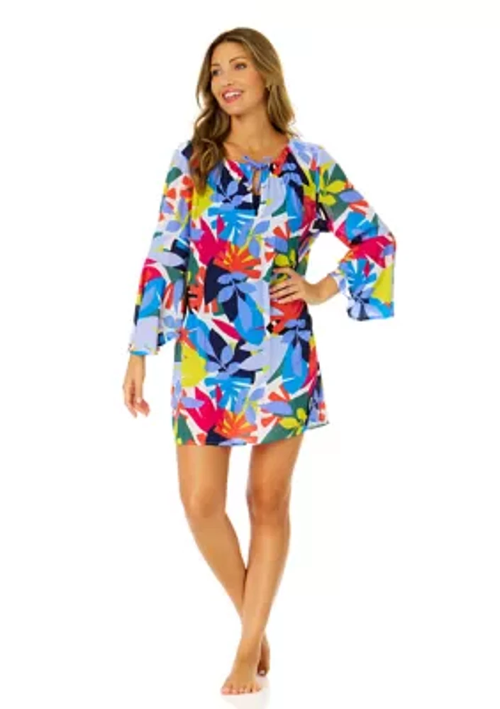 Tropical Stamp Bell Sleeve Tunic