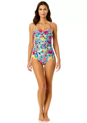 Twist Front Shirred Bandeau One Piece Swimsuit