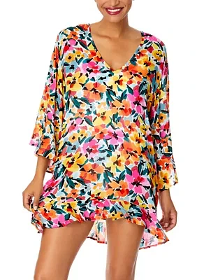 Floral Print Flounce Tunic Swim Cover Up