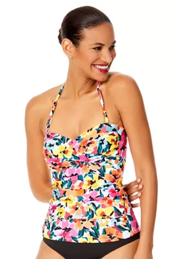 Gradient Floral Twist Bandeau Tankini Swim Top