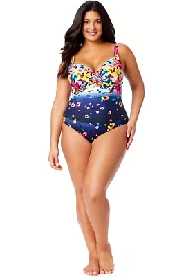 Plus Gradient Floral Drape Front One Piece Swimsuit