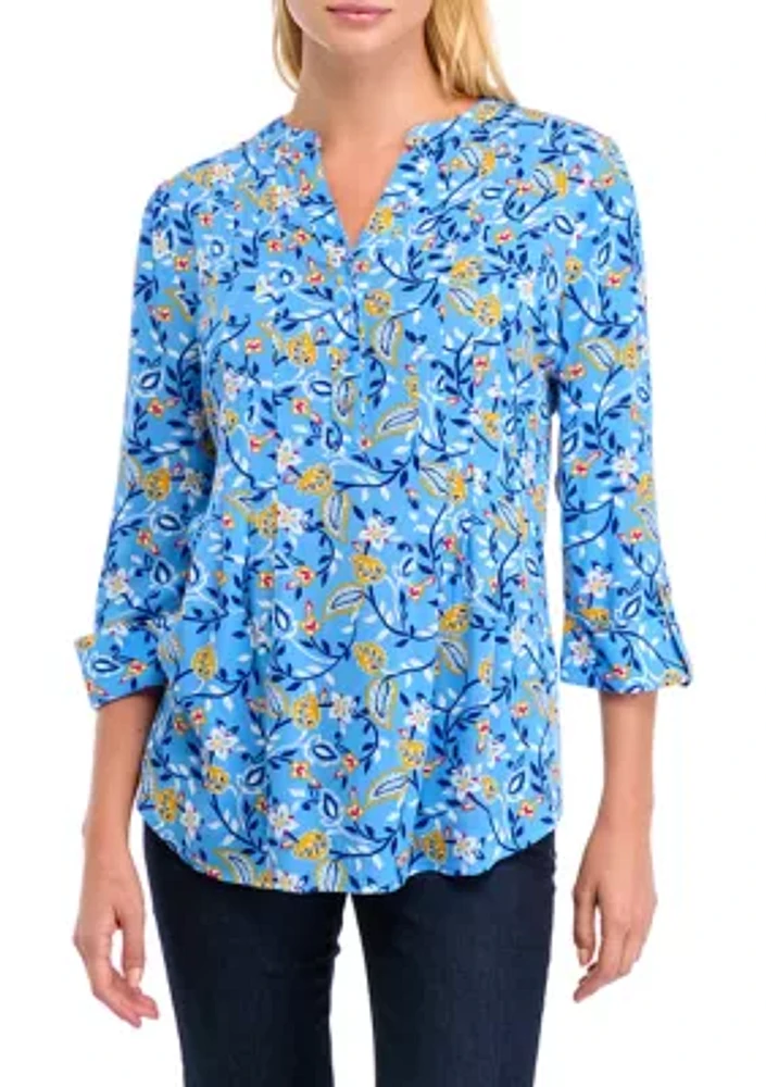 Women's 3/4 Roll Tab Sleeve Printed Henley Top