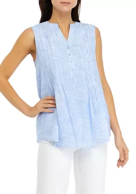 Women's Sleeveless Printed Henley Top