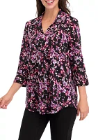 Women's 3/4 Sleeve Floral Split Neck Collared Tunic Top