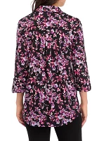 Women's 3/4 Sleeve Floral Split Neck Collared Tunic Top