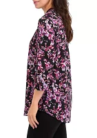 Women's 3/4 Sleeve Floral Split Neck Collared Tunic Top